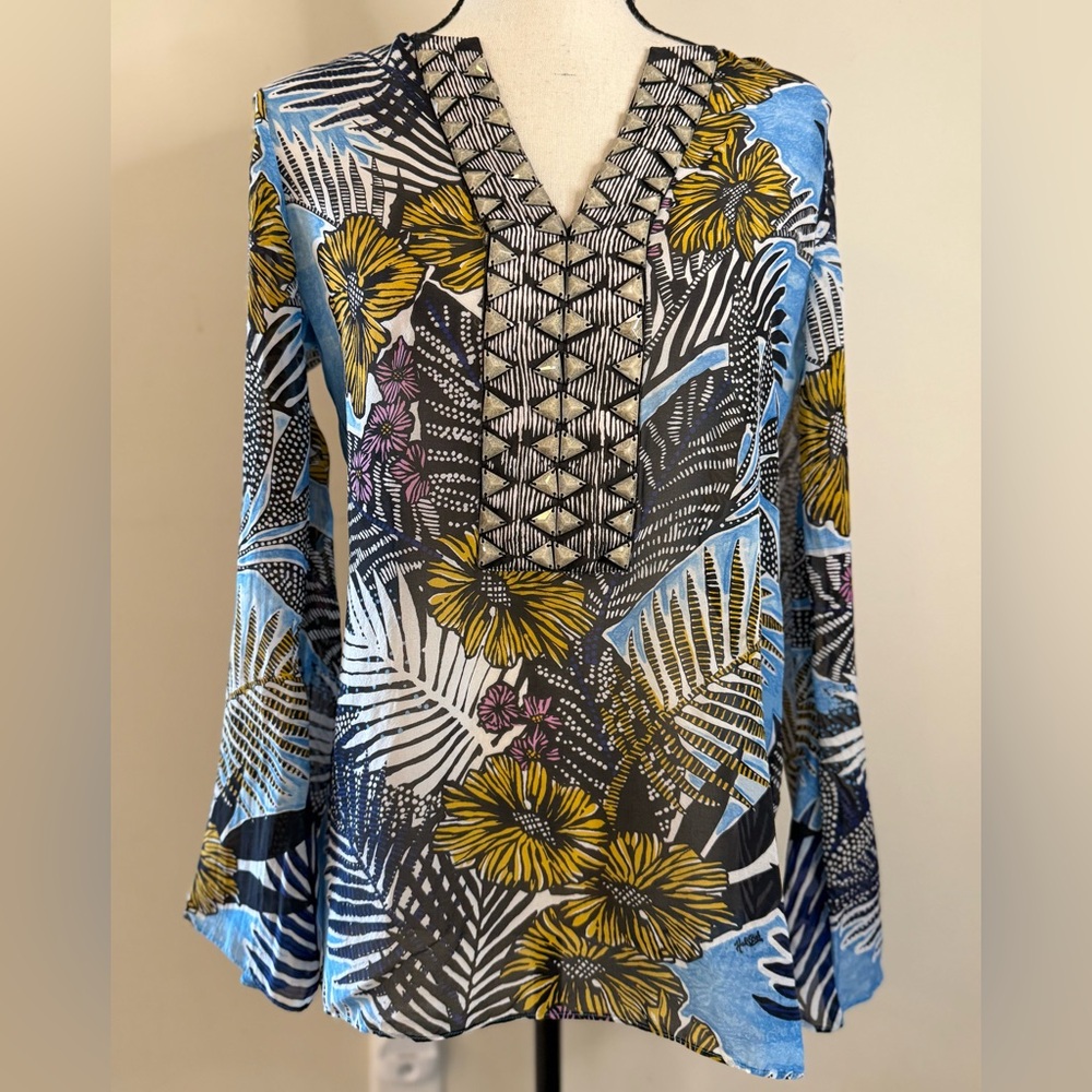 Hale Bob Cabana silk tropical floral embellished shirt/coverup SZ XS